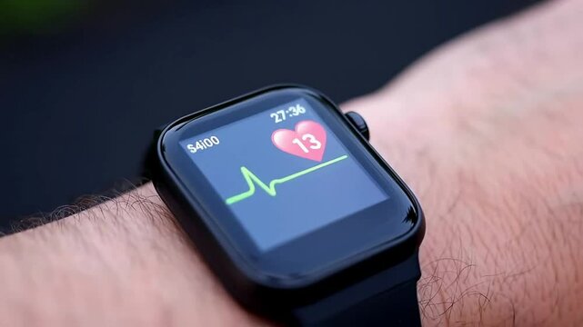 Close-up of a Smartwatch Displaying Heart Rate and Steps, Health Technology and Fitness Tracking Concept