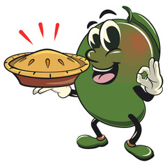 manggo retro vektor illustration mascot charactercarrying a warm pie with a thumbs up, work of hand drawn