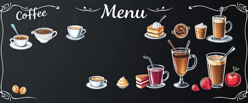 Vintage chalk illustration of coffee, desserts, and beverages on a blackboard menu template,   advertising,  blackboard