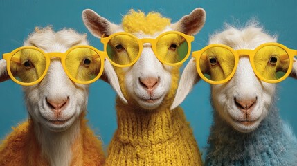 Three Adorable Goats Wearing Yellow Sunglasses Stylish Knitwear Fashionable Animals Cute Sheep Trendy Goats Winter Fashion Photography Studio Shot Happy Goats fun pet farm wool    