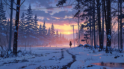 snowy forest anime wallpaper background with fog, AI Generative
