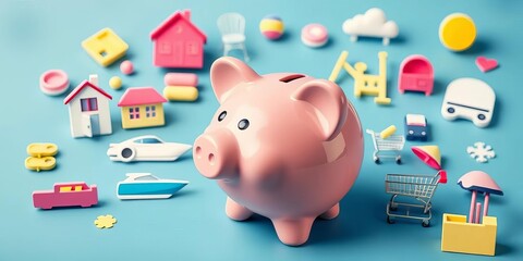 Piggy bank surrounded by icons representing house, car, yacht, shopping cart, furniture, and holiday; symbolizing saving & investing,  furniture,   vector