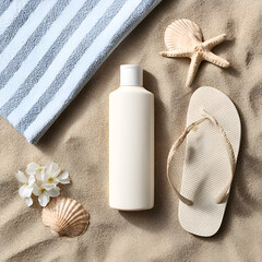 Summer Beach Essentials: Lightweight Lotion, Sunscreen, and Accessories for Relaxation | Flip-Flops, Towel, Starfish, and Soft Body Care Products by the Ocean