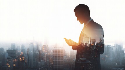 Businessman Using Smartphone with City Background in Silhouette