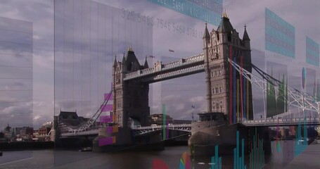 Starting with Tower Bridge, colorful bars sliding in, overlays animating charts visualizing metrics - Powered by Adobe