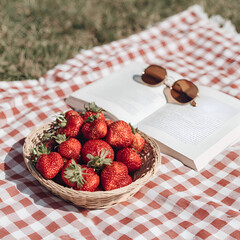 Stylish Summer Picnic Essentials: Enjoy Fresh Strawberries, Cozy Blankets, Sunglasses, and a Good Book in Nature's Vibrant Green Grass Under the Sunlight for Relaxation and Well-Being