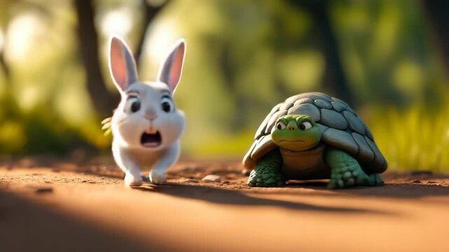 Surprised white rabbit and determined turtle run slowly on sunlit dirt path in forest, showcasing lively wildlife and nature scene full of emotion and contrast
