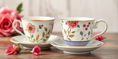 Fototapeta premium A charming vintage teacup and coffee mug set, adorned with hand-drawn floral, leaf, and stripe patterns, perfect for an afternoon tea or breakfast setting, retro, tea ceremony