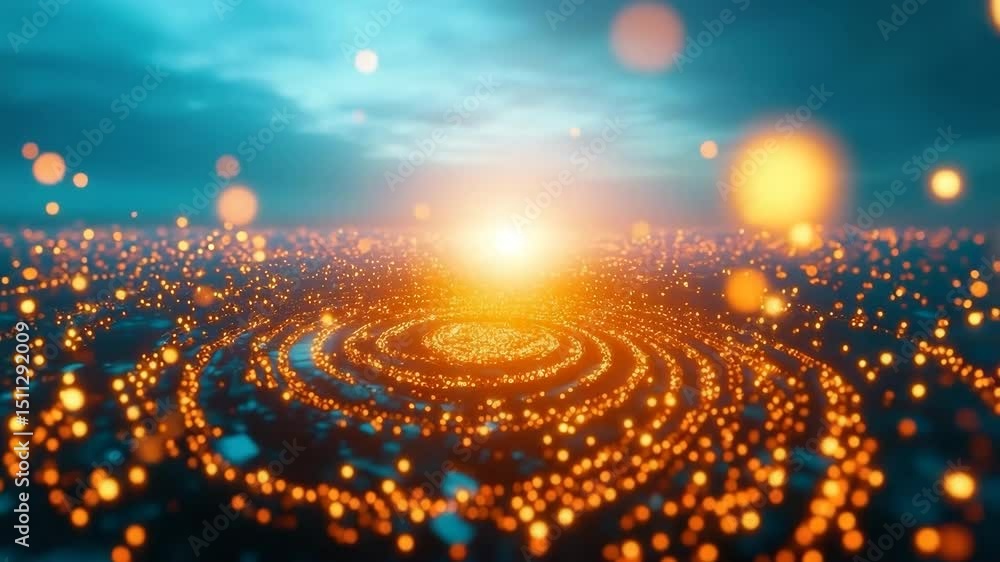 Wall mural glowing orange particles swirl in dynamic spiral pattern with bright glow and abstract light effect,
