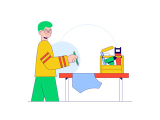 Handyman writing patterns with tools. Craft illustration. Character design. Flat vector illustration.	