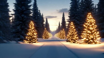 Christmas tree with glowing lights along snowy forest path at dusk, creating warm festive winter holiday atmosphere with snow, lights, and tranquil glowing conifer landscape - Powered by Adobe