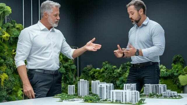 Businessmen Reviewing Architectural Model of Eco-Friendly Apartment Complex