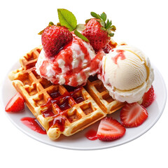 Strawberry waffles whit strawberry sauce and ice cream isolated [Transparent Background PNG]