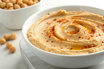 lassic chickpea hummus with tahini swirls and paprika on white surface