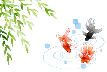 暑中見舞いはがき、金魚、柳、かわいい、イラスト、横 © nana10n no AI