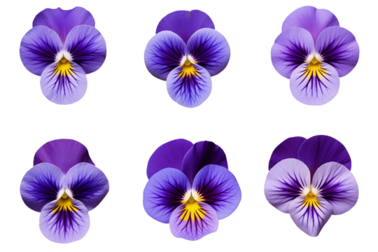 Purple Pansy Flowers: Close-Up Pattern of Six Blooms on Black Background isolated on transparent background png