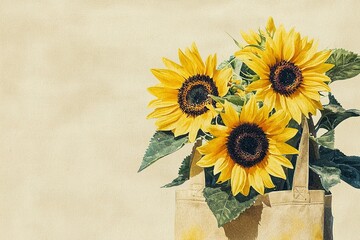 Three sunflowers in a beige tote bag on beige background