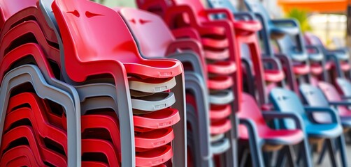 Fototapeta premium Stack of red and gray plastic chairs, outdoor setting, plastic furniture, grey