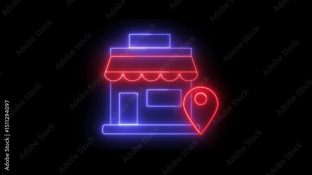 Poster neon animation of a store icon with a red location pin