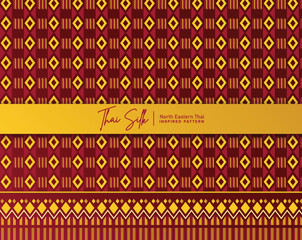 Decorative seamless pattern background. Inspired by North Eastern Thai silk pattern style called "Sin Mak Bok". Colored in crimson red and gold.