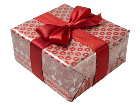 Silver Gift Box with a Red Ribbon Isolated on transparent background, Isolated Png file, Cut-out, Isolate Png, No Background, Isolated object
