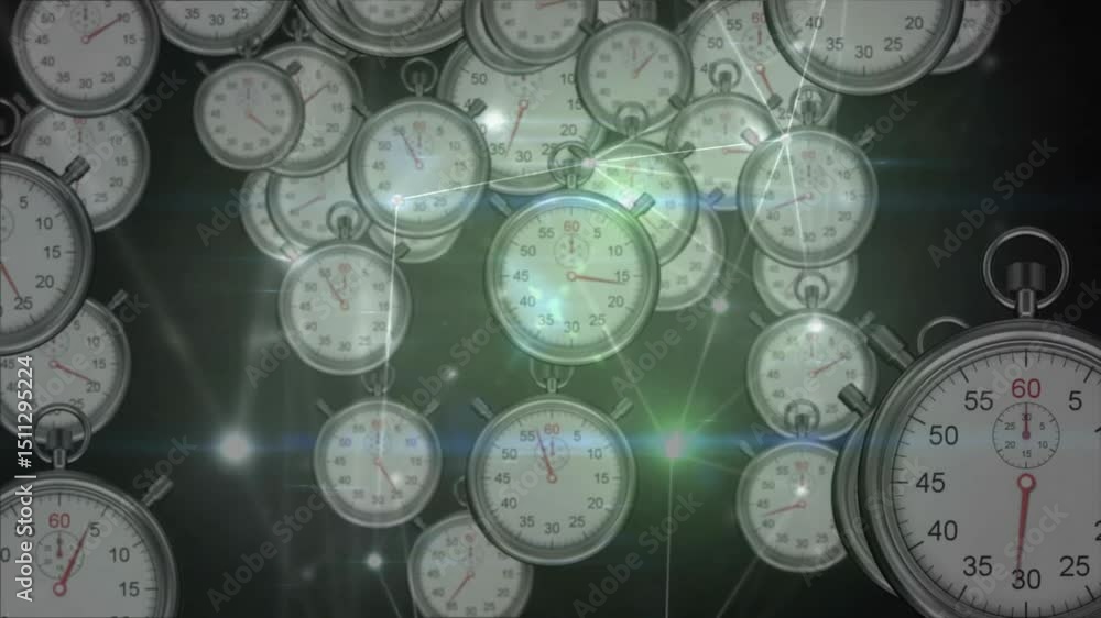 Poster when emerging from void, silver stopwatches rotating while lens flares and network lines pulsing