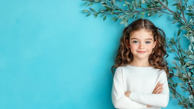 Adorable Little Girl Posing Against a Blue Background with Greenery