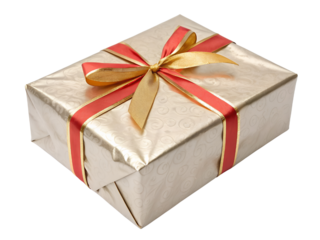 Gold Gift Box with Red and Gold Ribbon Isolated on transparent background, Isolated Png file, Cut-out, Isolate Png, No Background, Isolated object