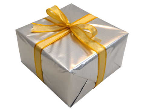 Silver Gift Box with Gold Ribbon Isolated on transparent background, Isolated Png file, Cut-out, Isolate Png, No Background, Isolated object