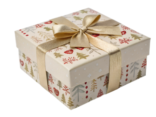 Festive Gift Box with Gold Ribbon and Bow Isolated on transparent background, Isolated Png file, Cut-out, Isolate Png, No Background, Isolated object