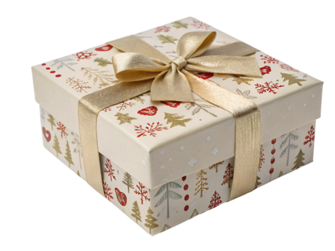 Festive Gift Box with Gold Ribbon and Bow Isolated on transparent background, Isolated Png file, Cut-out, Isolate Png, No Background, Isolated object