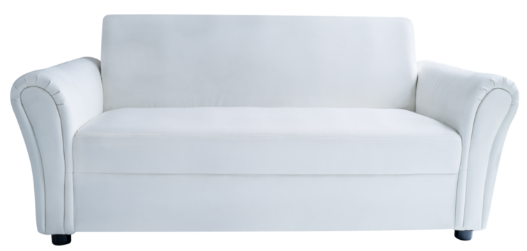 A long single White sofa on a white background, for illustration use isolaye on white with clipping path PNG File.