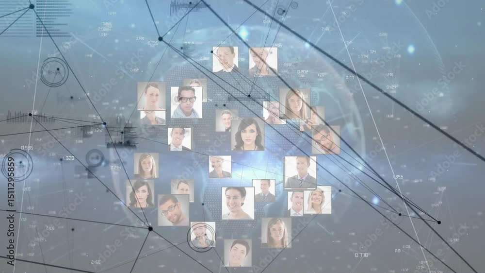Aufkleber user loading business dashboard, headshots clustering around glowing sphere forming network links