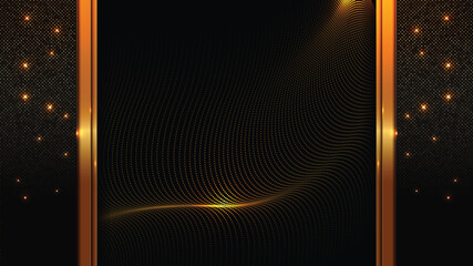 Abstract black background with golden sparkles border, 1920x1080 HD template for elegant business card, modern banner, poster design, not created by AI, simple wavy flowing lines.