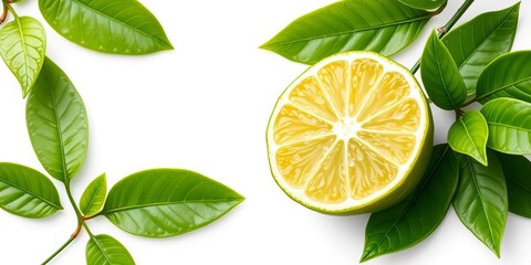Vibrant lime slice with lush green leaves, isolated on white  Tropical, fresh, raw, vegetarian,   texture,  food
