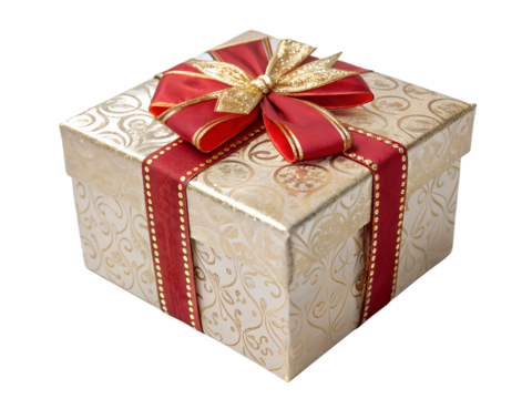 Festive Gift Box with Christmas Pattern and Ribbon Isolated on transparent background, Isolated Png file, Cut-out, Isolate Png, No Background, Isolated object