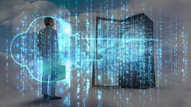 Businessman holding briefcase facing server rack binary streams unlocking key forming secure access