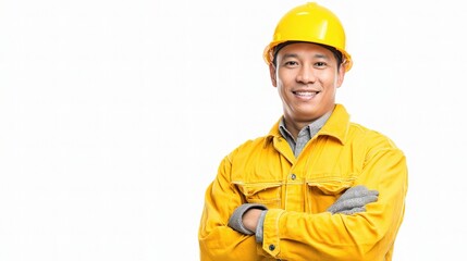 Smiling Asian Construction Worker in Yellow Safety Gear