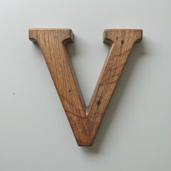 Wooden V letter on solid gray background