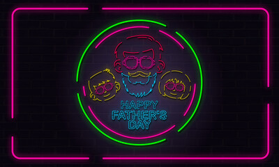 A vibrant neon-themed Father's Day design featuring a bearded dad and two kids outlined in glowing lights. Set against a dark brick background, it radiates retro vibes and modern family celebration.
