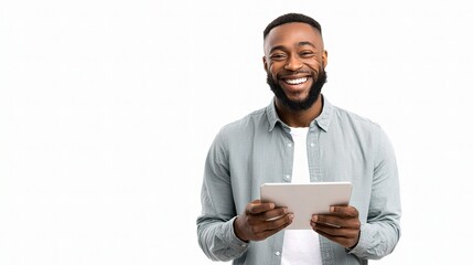 Smiling Man Holding Tablet for Social Media Engagement Display