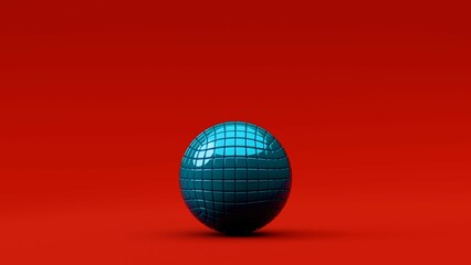Blue reflective grid sphere on red background....