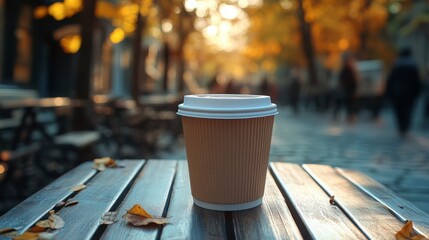 Close-up of coffee cup on outdoor table with blurred background of pedestrians, shallow depth of field