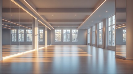 Panoramic interior view of a modern dance studio with large mirrors and acoustic panels, minimalist decor