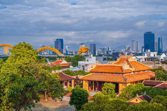 Panoramic view of Da Nang city center and Dragon Bridge. Da Nang, Vietnam, November 30, 2024.