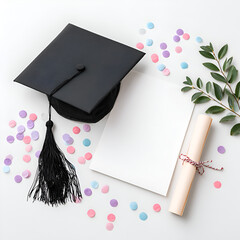 Celebrating Graduation Day: Colors, Cap and Tassel, Diploma and Certificate with Festive Confetti, Design Layout Essentials for Success and New Beginnings, Symbol of Achievement and Tradition