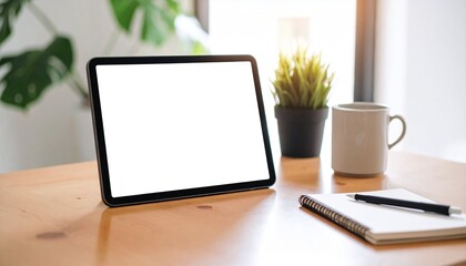 Digital tablet with empty screen on marble kitchen countertop
