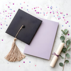 Elegant Graduation Day Celebration: Cap, Diploma, and Tassel Achievements with Eucalyptus Confetti on a Marble Table - Inspiring Memories and Milestones in Education and Success