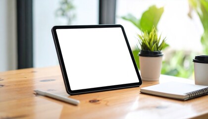 Fototapeta premium Digital tablet with empty screen on marble kitchen countertop