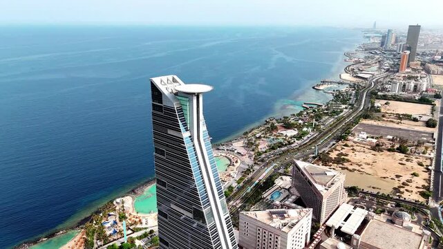 Jeddah: Aerial view of jeddah city in Saudi Arabia, skyline of Waterfront, Red Sea - drone landscape panorama 4k video